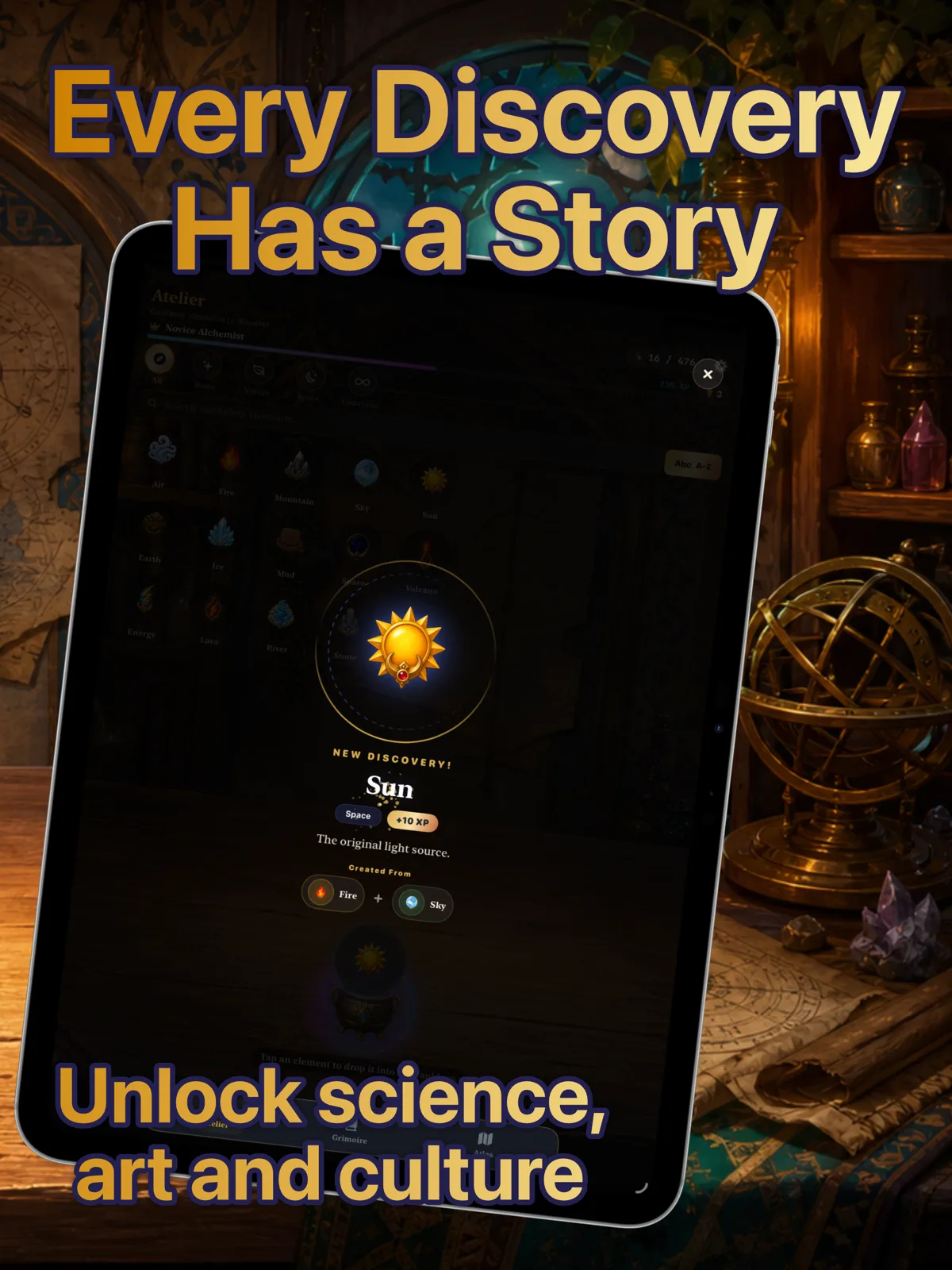 Alchemy Atlas on iPad showing the Sun element discovered from Fire and Sky.