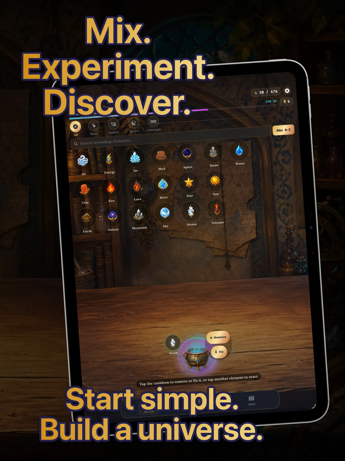 Alchemy Atlas on iPad displaying the element workshop and cauldron.