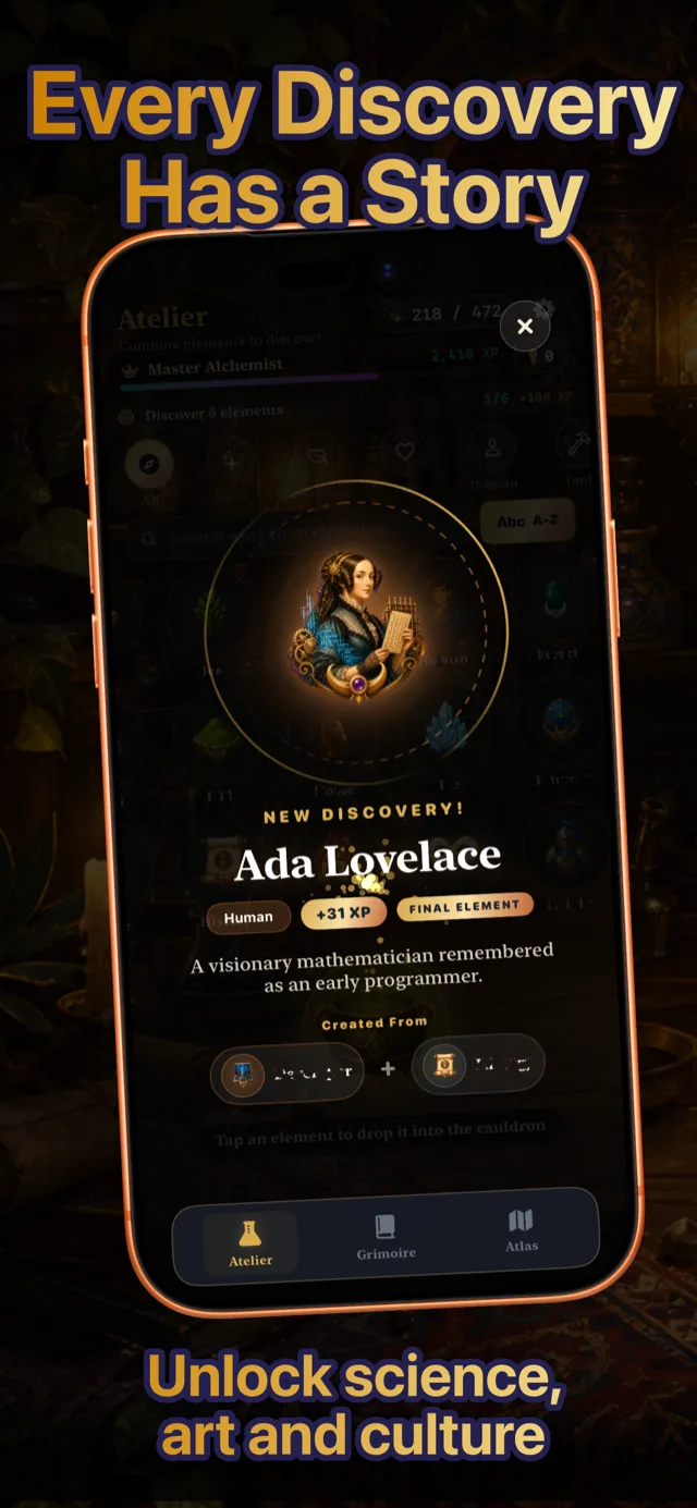 Alchemy Atlas Atelier screen showing a new discovery, Ada Lovelace, with its recipe and XP reward.