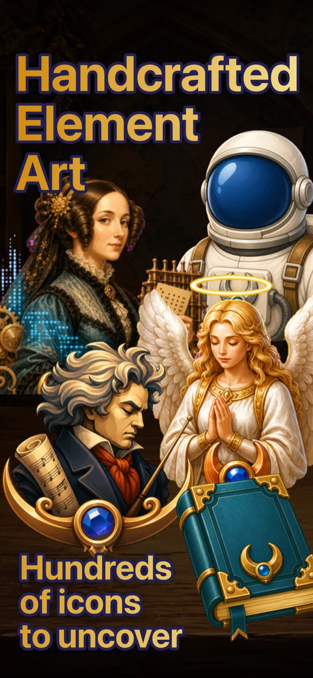 A montage of hand-illustrated element artwork including historical figures, an astronaut, and an angel.