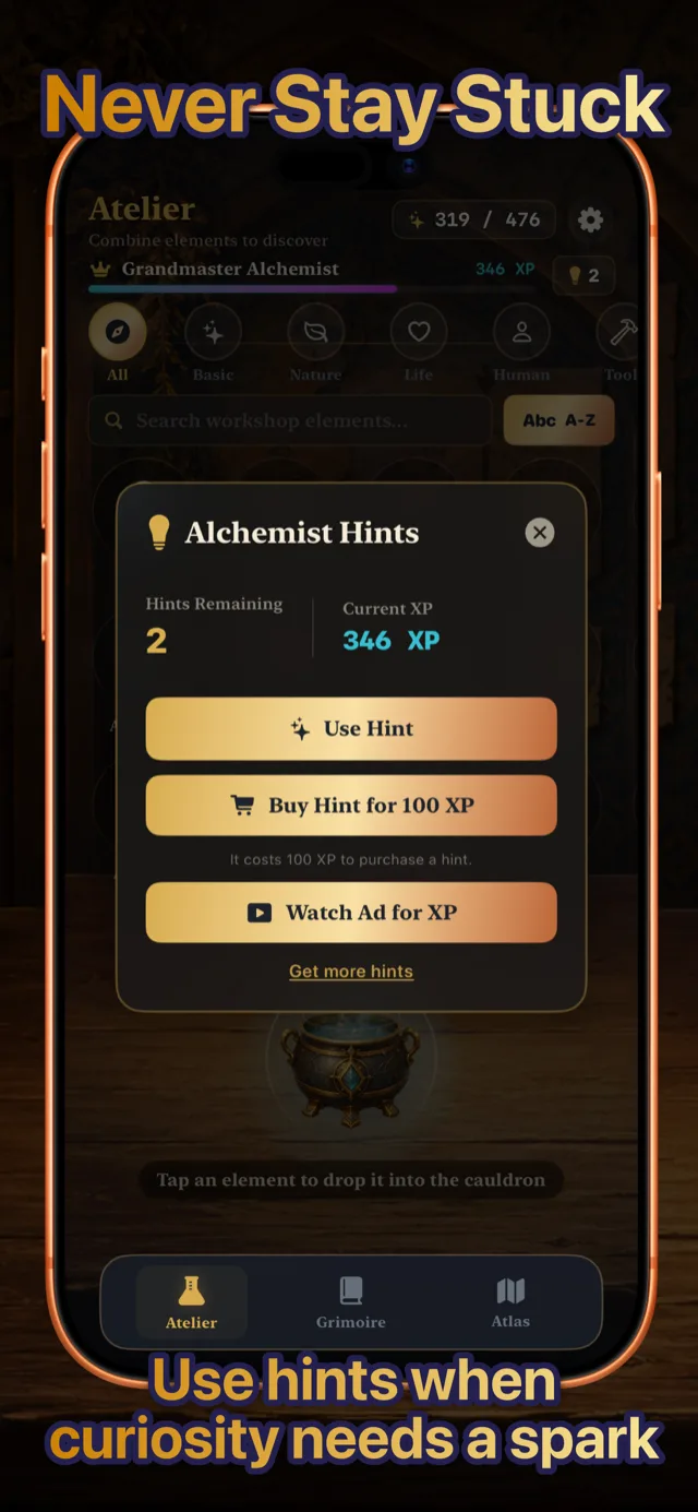 The Alchemist Hints panel offering Use Hint, Buy Hint for XP, and Watch Ad for XP options.